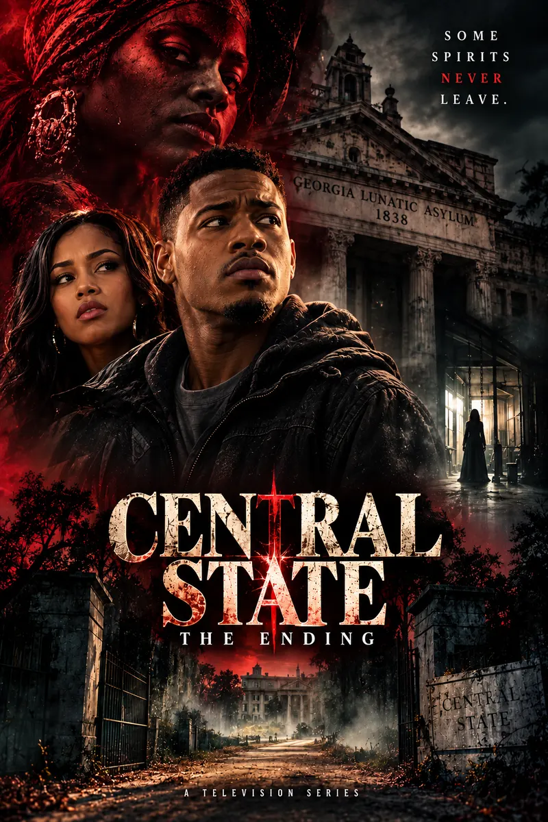 CENTRAL STATE poster: a young man and woman before an old asylum at night, a ghostly figure in its doorway