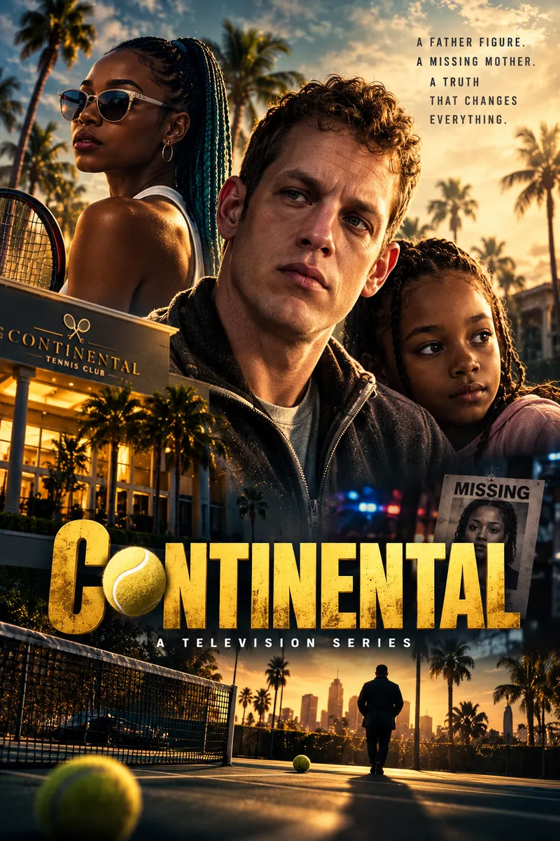 CONTINENTAL poster: a man, a young woman and a girl at a palm-lined tennis club, a missing-person flyer beside them