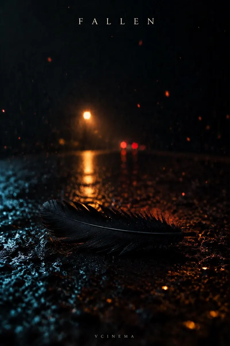 FALLEN poster: a black feather on a wet street at night, under a single streetlight