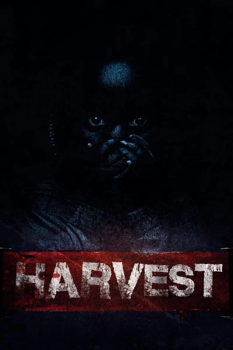 HARVEST poster: a child in the dark covering their mouth, above the title on a red banner