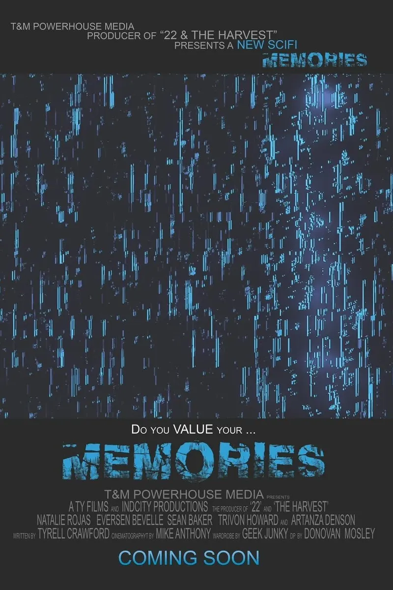 MEMORIES poster: falling streaks of blue light above the title, the line “Do you value your …” and the credits