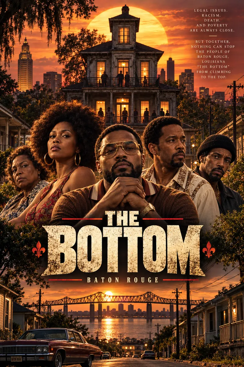 THE BOTTOM poster: a family of five in front of a lit house at sunset, the Baton Rouge skyline and river bridge behind