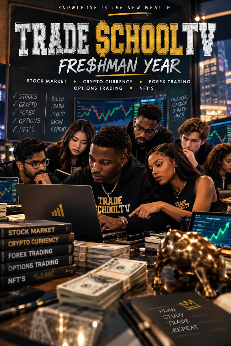 TRADE SCHOOL TV poster: students at laptops showing market charts, in a classroom with a chalkboard