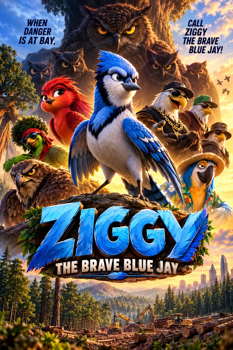 ZIGGY poster: an animated blue jay with wings spread, surrounded by other birds in a forest